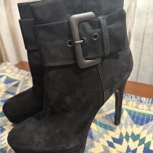 Via Spiga Black Suede High Heel Ankle Boots with Buckle Cuff